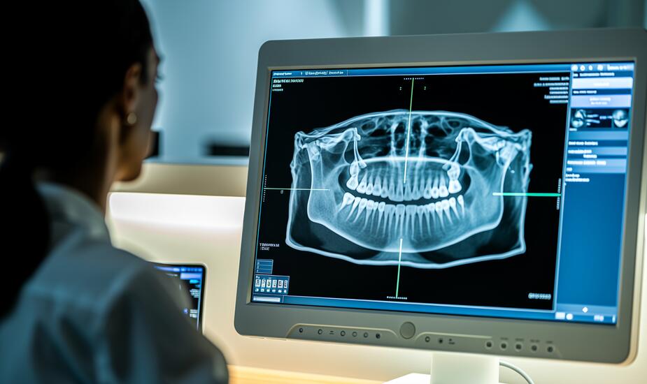 AI CBCT dental radiology workstation showing 3D cone beam CT analysis with artificial intelligence overlay