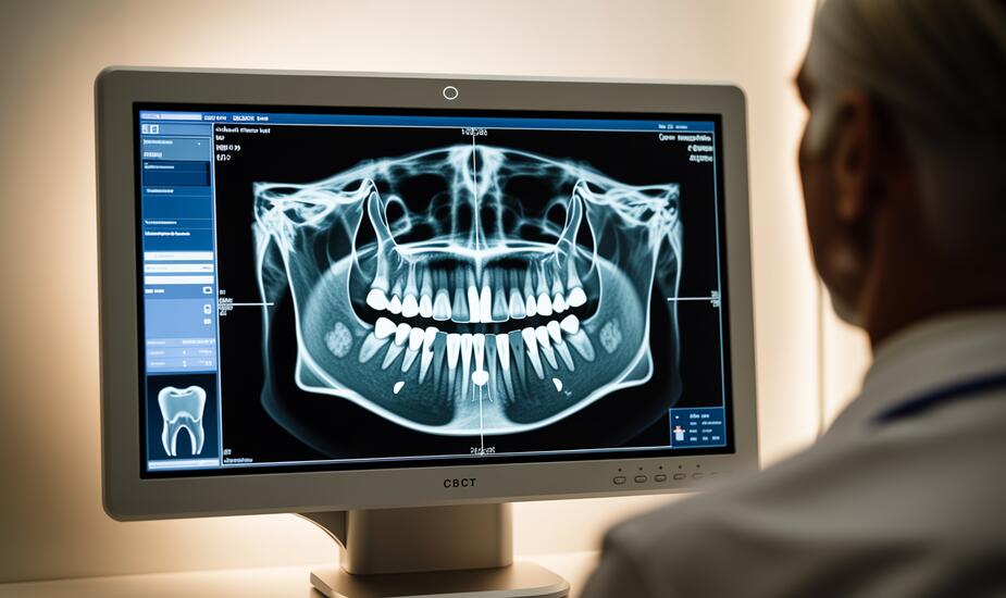 CBCT All-on-4 implant planning - 3D jaw reconstruction showing full-arch implant trajectories on clinical monitor