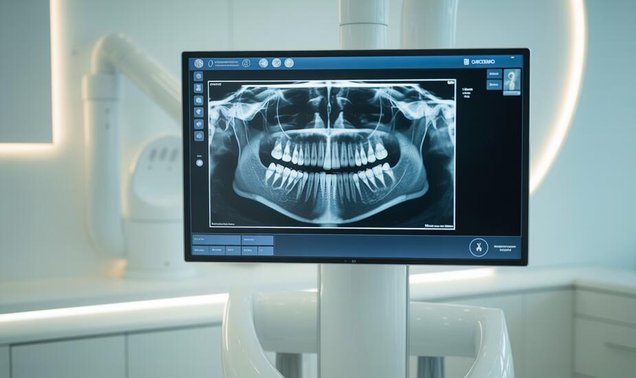 CBCT calcified canal scan displayed on a radiology workstation showing cross-sectional root canal imaging