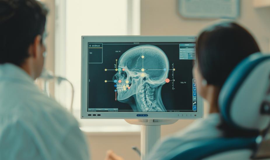 CBCT cephalometric analysis showing 3D landmark measurements on an orthodontic radiology workstation