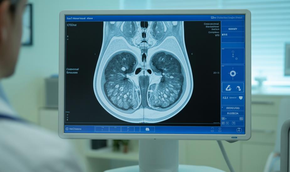 CBCT chronic rhinosinusitis scan showing coronal sinus anatomy on a radiology workstation at 3Beam Imaging Centre