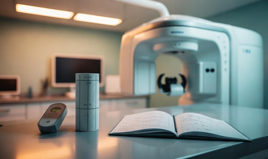 CBCT clinical audit quality assurance phantom and dosimetry equipment on a dental practice countertop beside a cone beam CT scanner