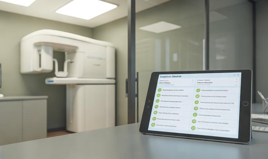 CBCT compliance dental practice checklist displayed on tablet in modern dental surgery with cone beam scanner