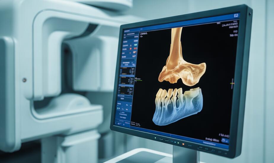 CBCT condylar hyperplasia 3D reconstruction showing mandibular condyle and temporomandibular joint assessment on a radiology workstation