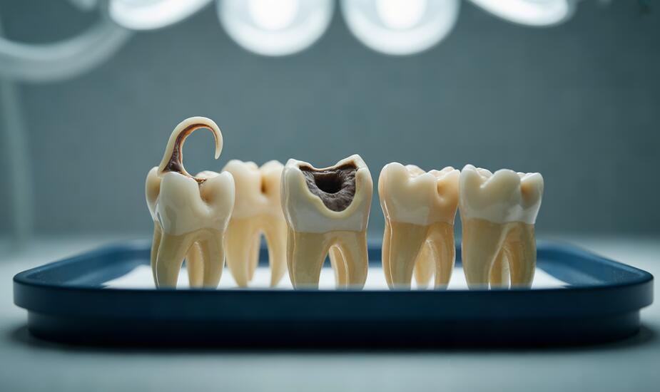CBCT dental anomalies showing extracted teeth with dilacerated roots and dens invaginatus morphology on a clinical tray