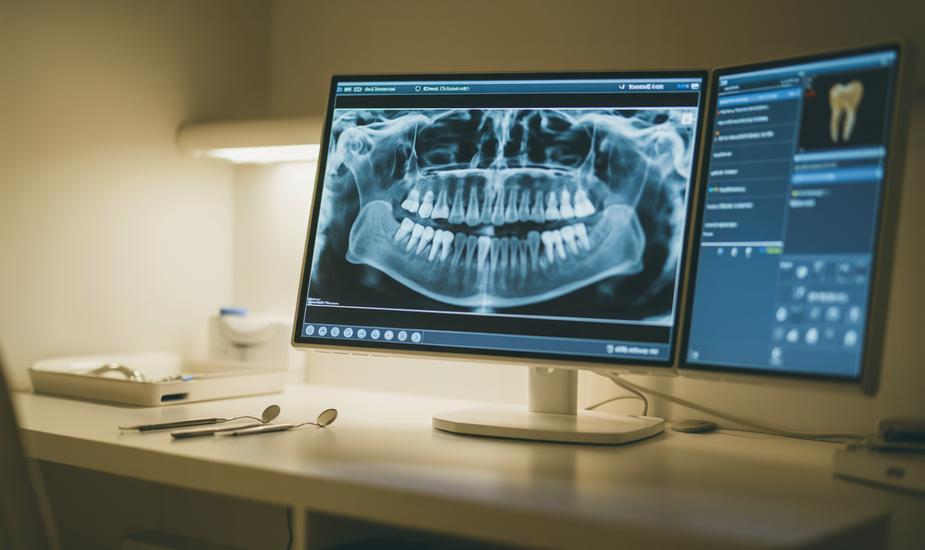 CBCT endodontic retreatment scan showing root canal anatomy on a radiology workstation