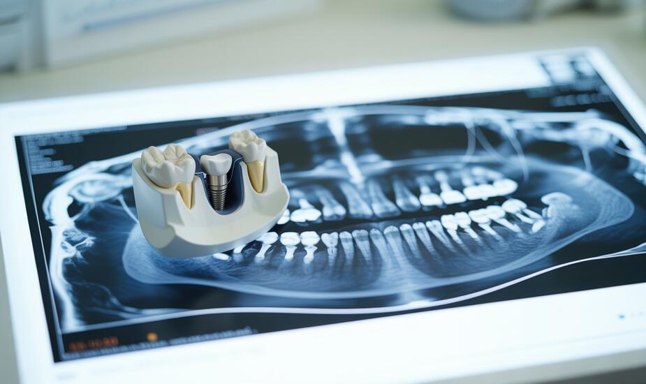 CBCT guided implant surgery - digital surgical guide next to a cone beam CT cross-section of the jaw at 3Beam Imaging Centre