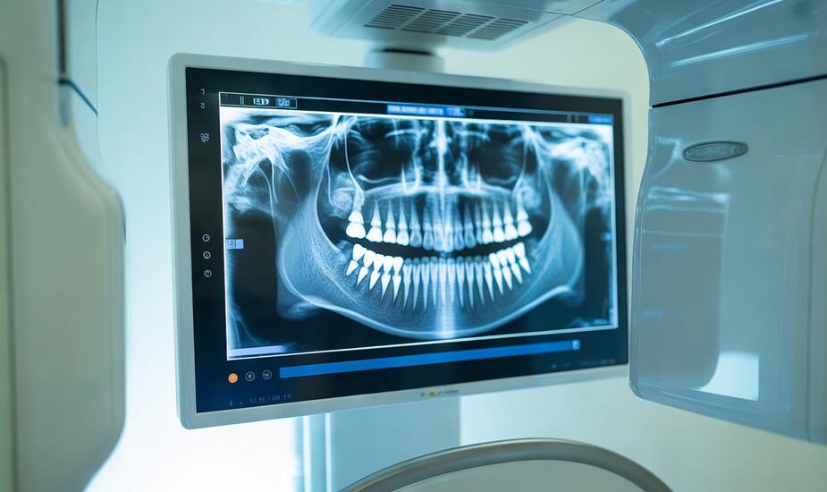 CBCT image artefacts shown on a dental radiology workstation monitor at 3Beam Imaging Centre