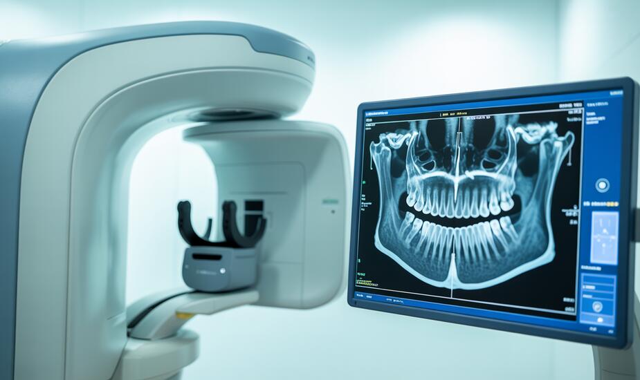 CBCT jaw pathology scan showing 3D cross-sectional views of mandibular anatomy on a diagnostic monitor at 3Beam Imaging Centre
