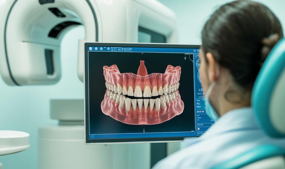 CBCT mini-screw planning: 3D imaging of jaw showing root proximity and bone structure for safe TAD placement