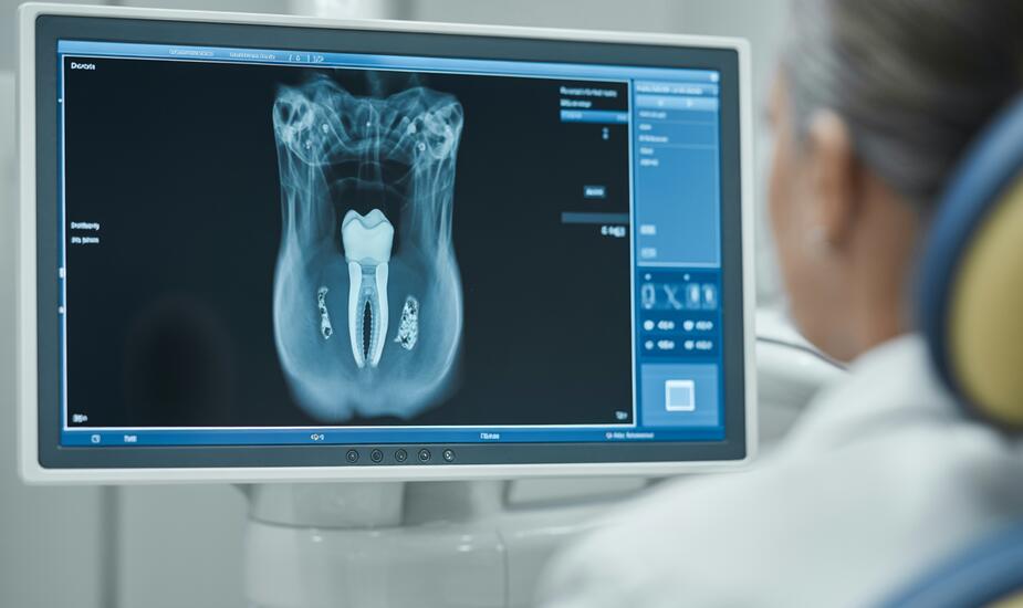 CBCT peri-implantitis scan showing 3D bone loss around a dental implant on a radiology workstation