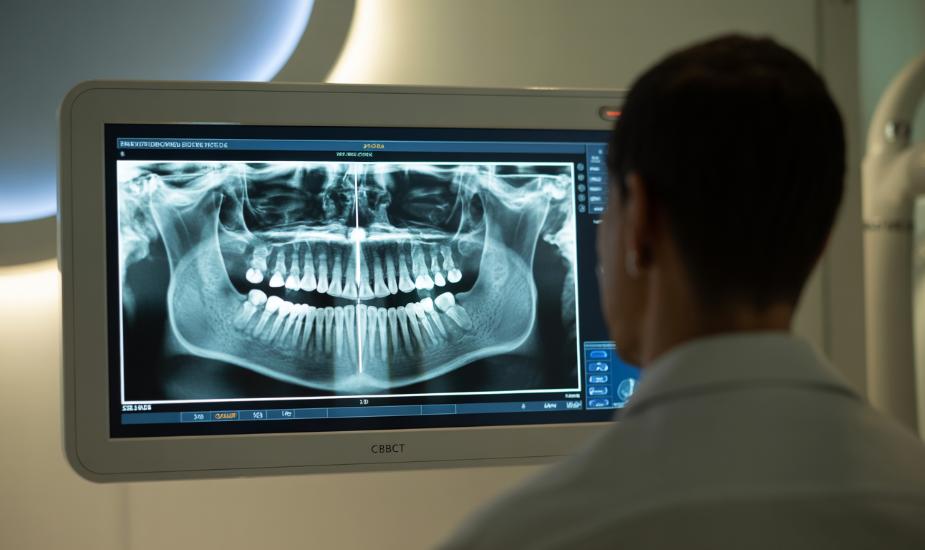 CBCT periodontal bone loss scan showing 3D cross-sectional jawbone imaging on a radiology workstation