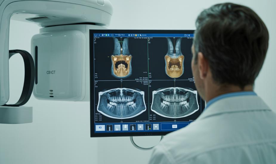 CBCT sinus lift planning scan showing maxillary sinus cross-section on clinical workstation
