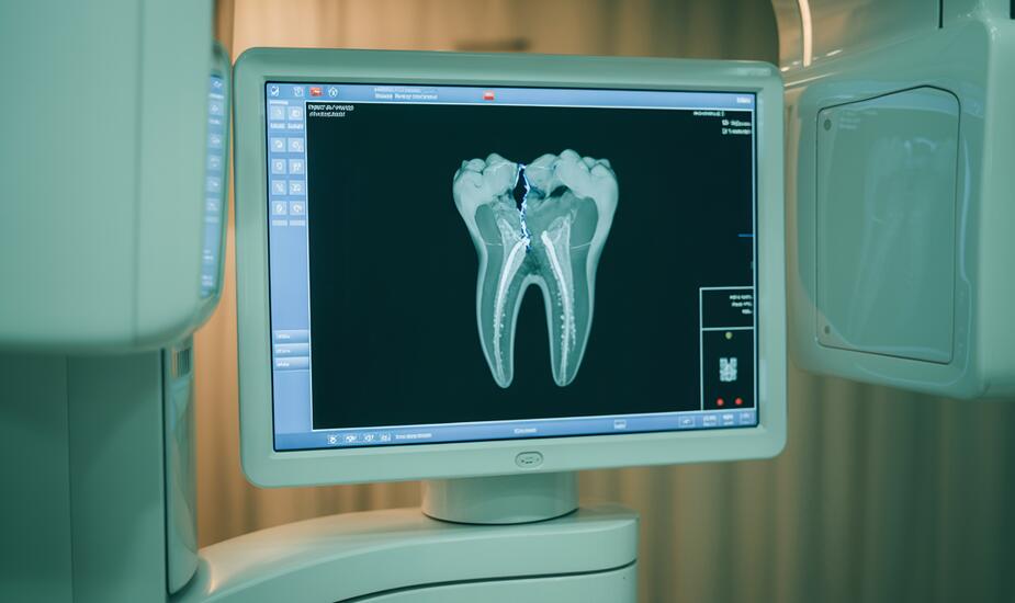CBCT vertical root fracture diagnosis - 3D cross-sectional view of a fractured tooth root on a radiology monitor