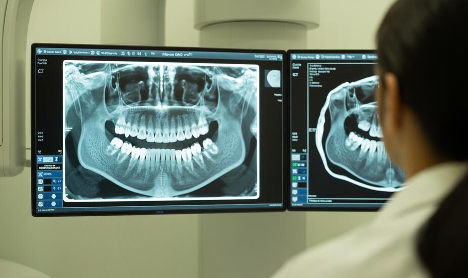 CBCT vs CT scan comparison on radiology workstation monitors showing dental cone beam and medical CT images side by side