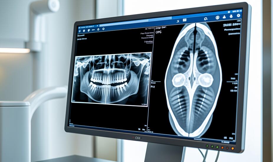 CBCT vs OPG comparison showing 3D cone beam CT reconstruction alongside a 2D panoramic dental X-ray on a radiology workstation