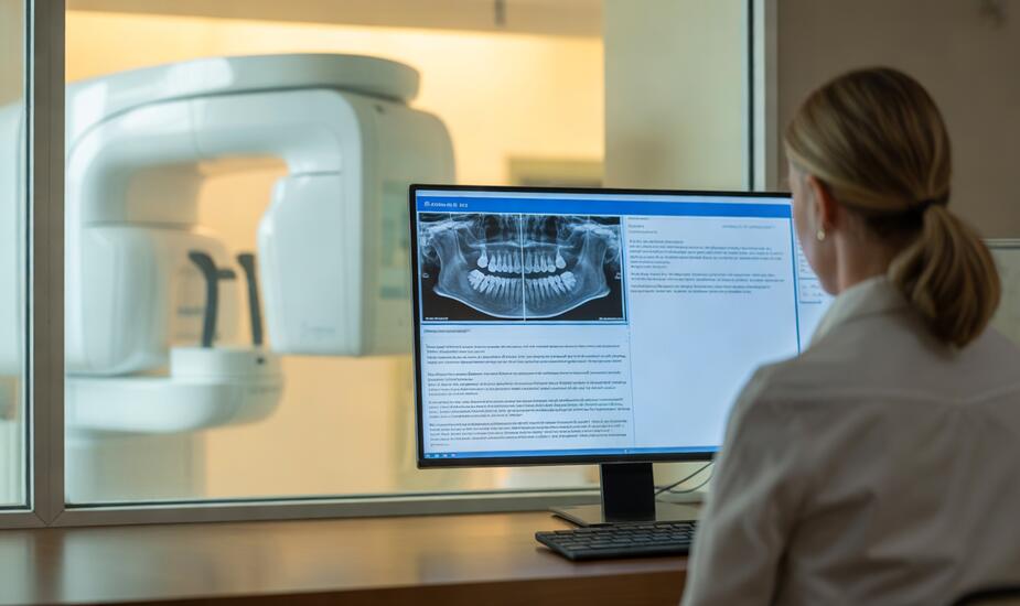 CBCT reporting service - dental practice principal reviewing structured radiology report on monitor with CBCT scanner in background