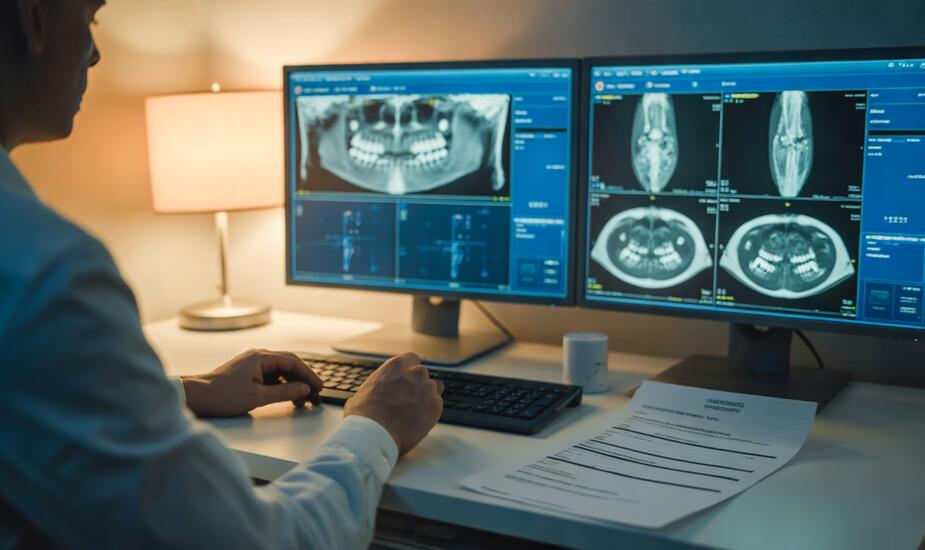Outsource CBCT reporting - remote radiology workstation with dental CBCT reconstructions on dual monitors and structured report on desk