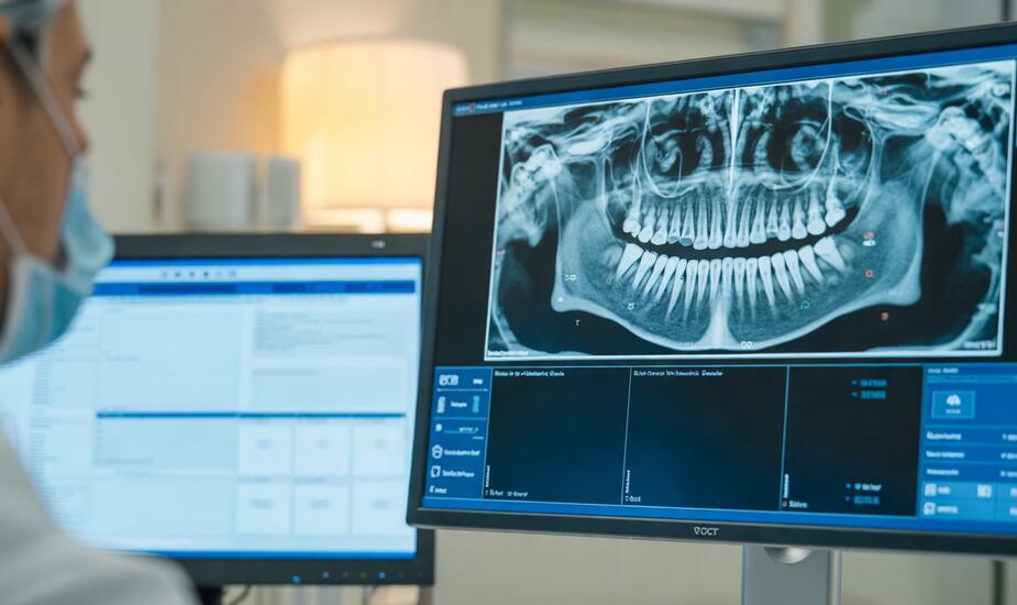 Clinician reviewing a dental CBCT scan on a reporting workstation